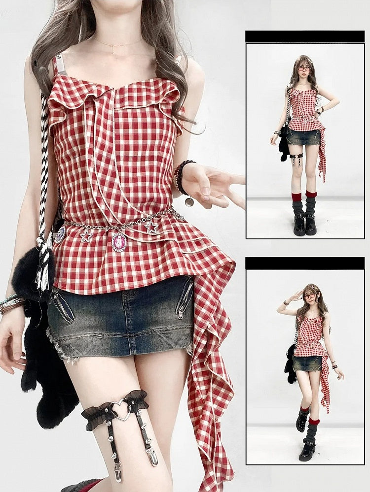 Plaid Y2K Asymmetrical Glamorous Hem Top Cami Holiday Red Pattern