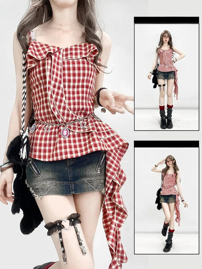 Plaid Y2K Asymmetrical Glamorous Hem Top Cami Holiday Red Pattern
