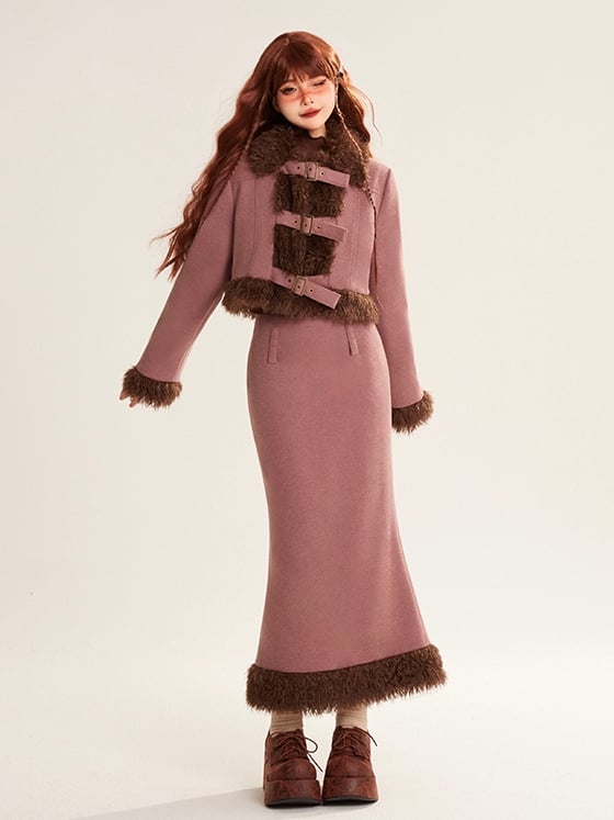 Crop Coat Set Faux with Zipped Pencil Trim Skirt Buckle Pink Straps Fur