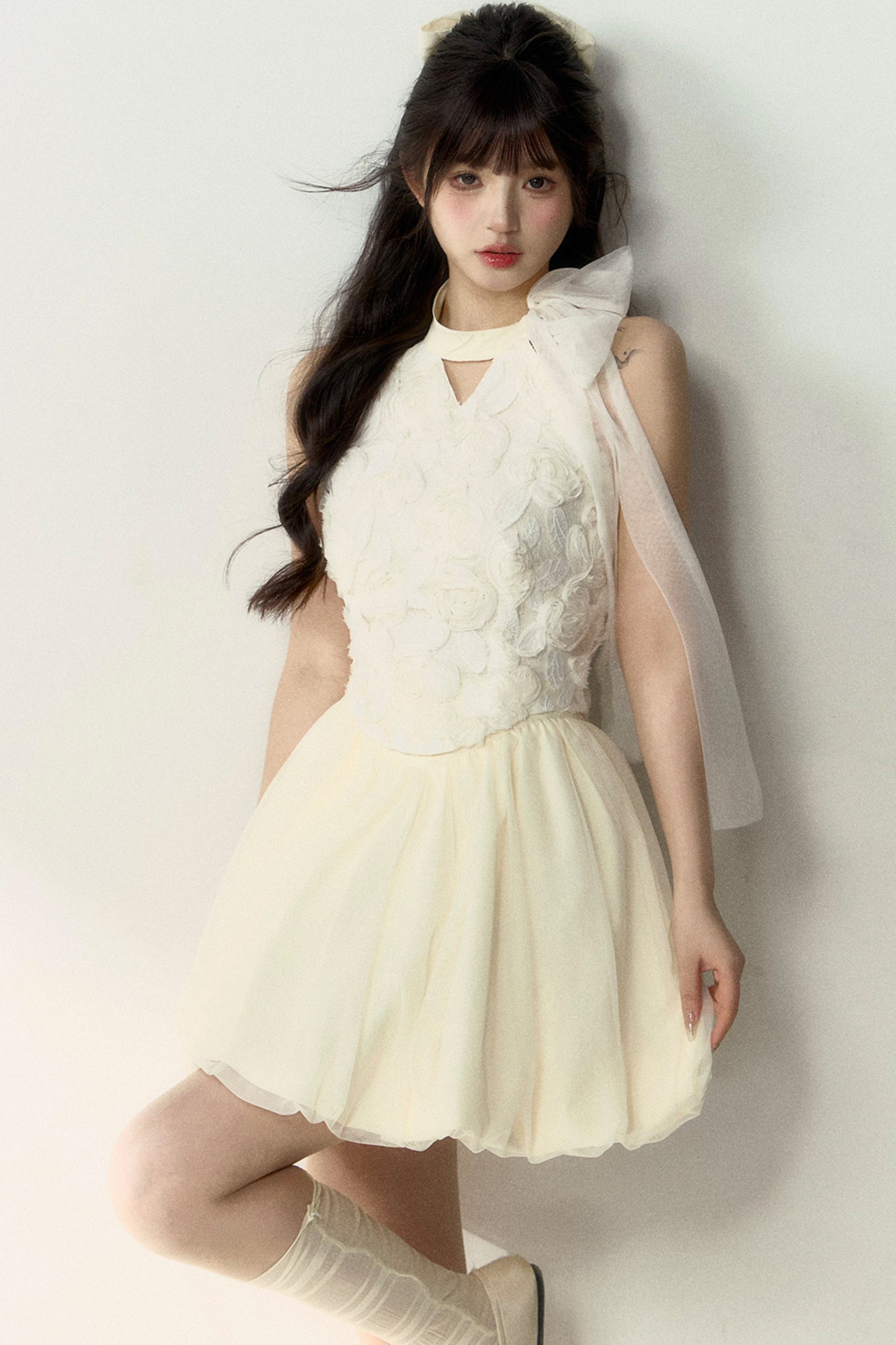 ロング丈＆スイートなノースリーブショートフラワーフレンチスカートバルーントップ