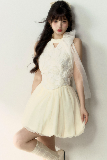 ロング丈＆スイートなノースリーブショートフラワーフレンチスカートバルーントップ