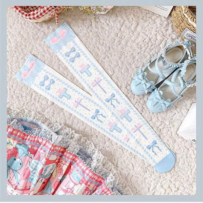 Black/Pink/Blue Sweet  Lolita Cross and Bowknot Print Overknee Stockings