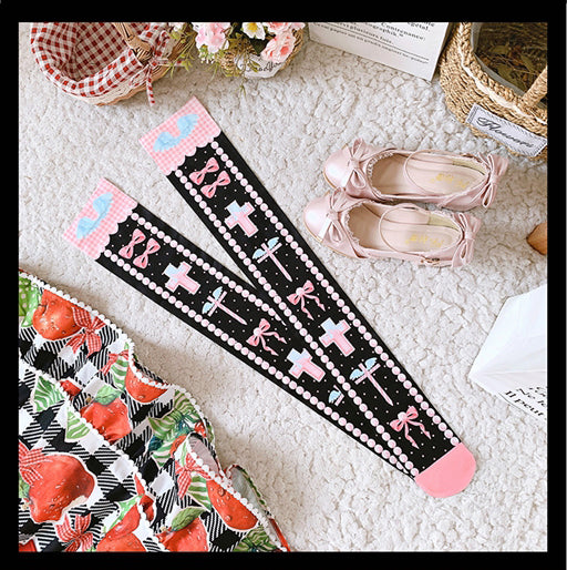 Black/Pink/Blue Sweet  Lolita Cross and Bowknot Print Overknee Stockings