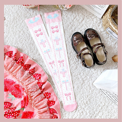 Black/Pink/Blue Sweet  Lolita Cross and Bowknot Print Overknee Stockings