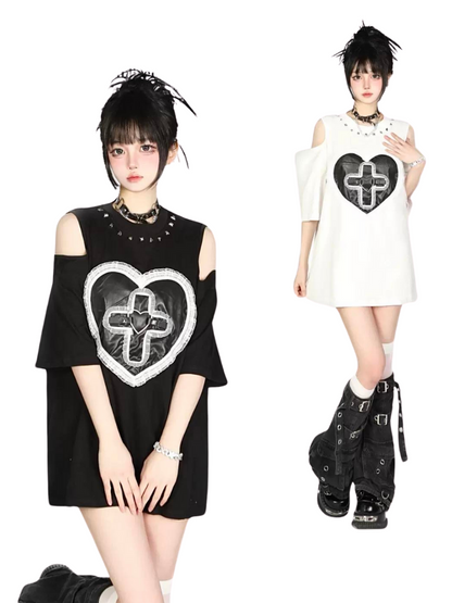 Shoulder Cross Love Street Off T-Shirt Lace Rivet