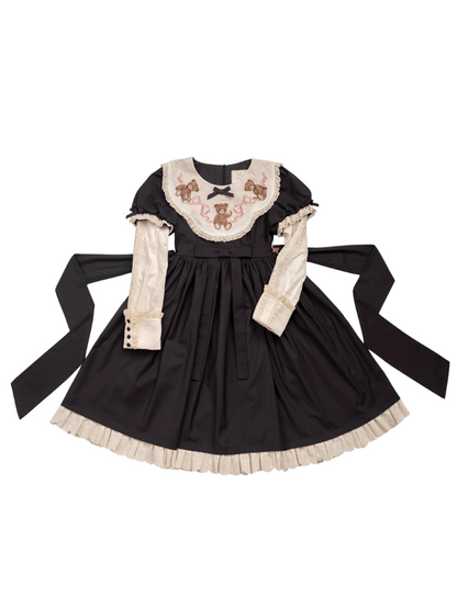 ロリータテディベアフラップレースパフスリーブリボンデレス