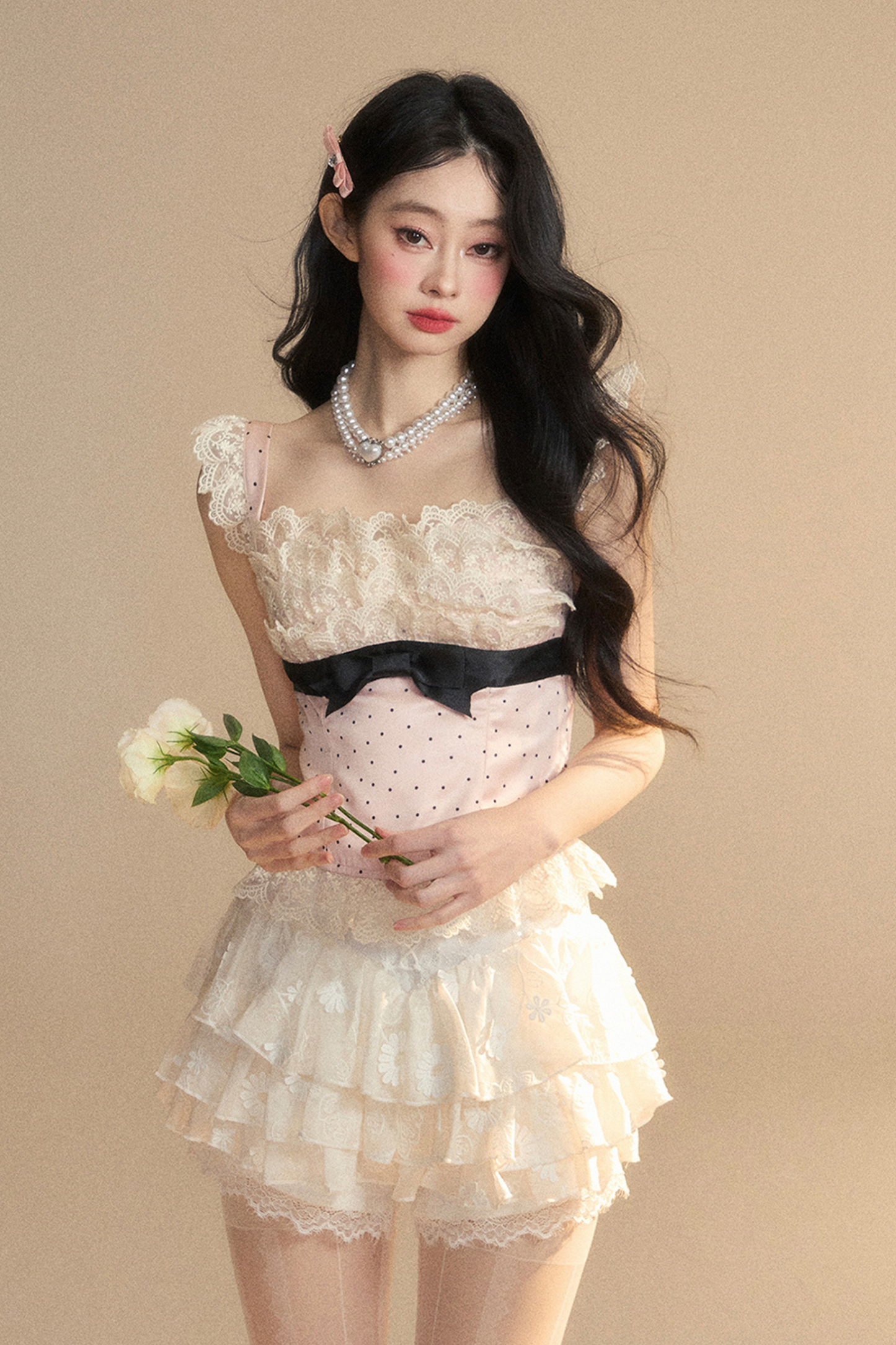 予約 トップス タイト ノースリーブ レース ドット ガーリー