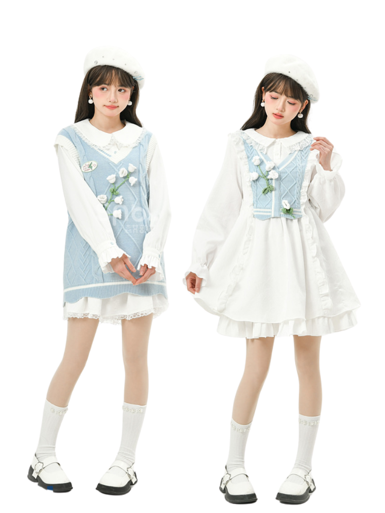 Glockenblumen-Setup: Strick-Kuchenrüsche + Hemdrock + Weste