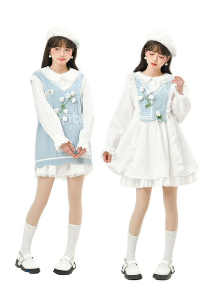 Glockenblumen-Setup: Strick-Kuchenrüsche + Hemdrock + Weste