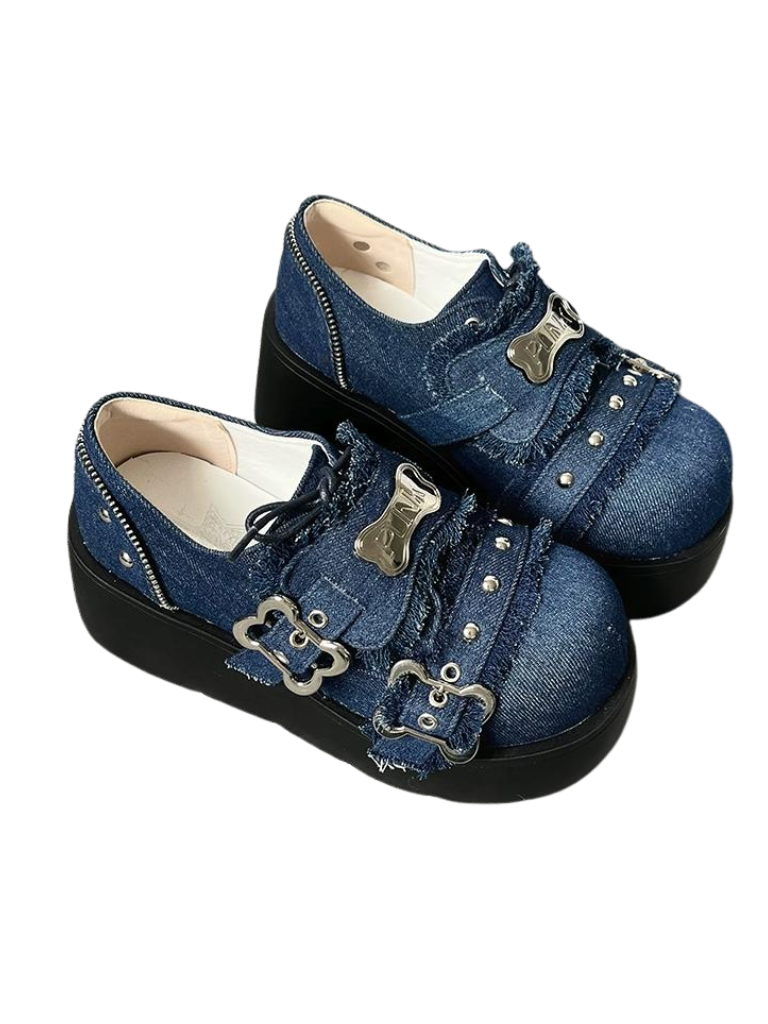 Toe Denim Shoes Puppy Platform Angel Punk Style Round