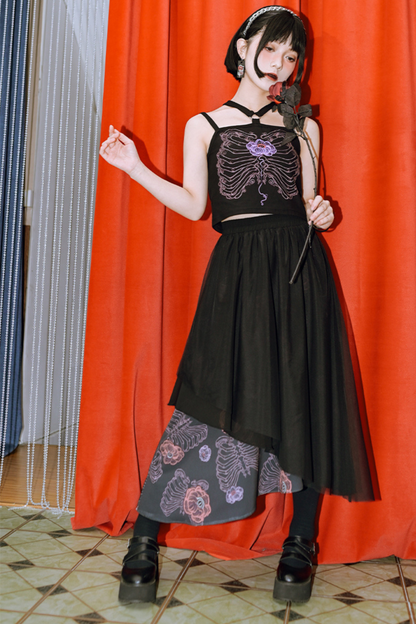 デザインアシンメトリーフローラルメッシュレイヤースカート