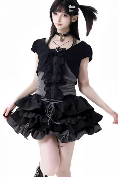 short neck cardigan lace top halter skirt + Vintage