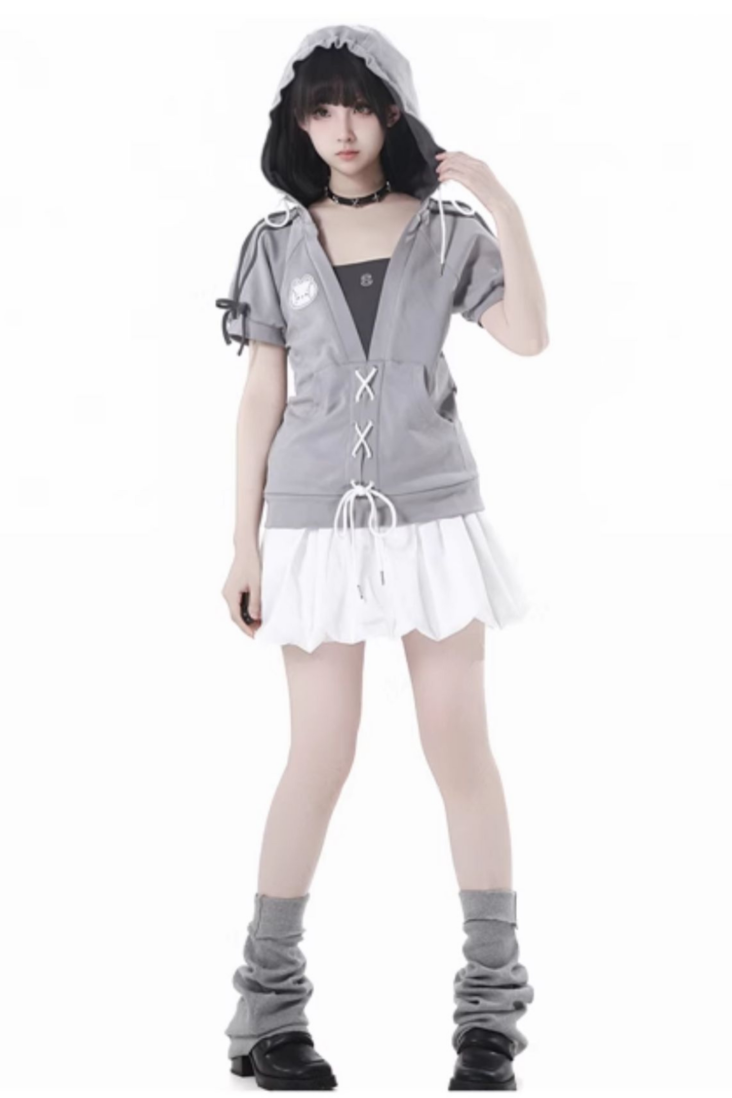 フード付きスカート レースアップトップス + ゆったりTシャツバルーン