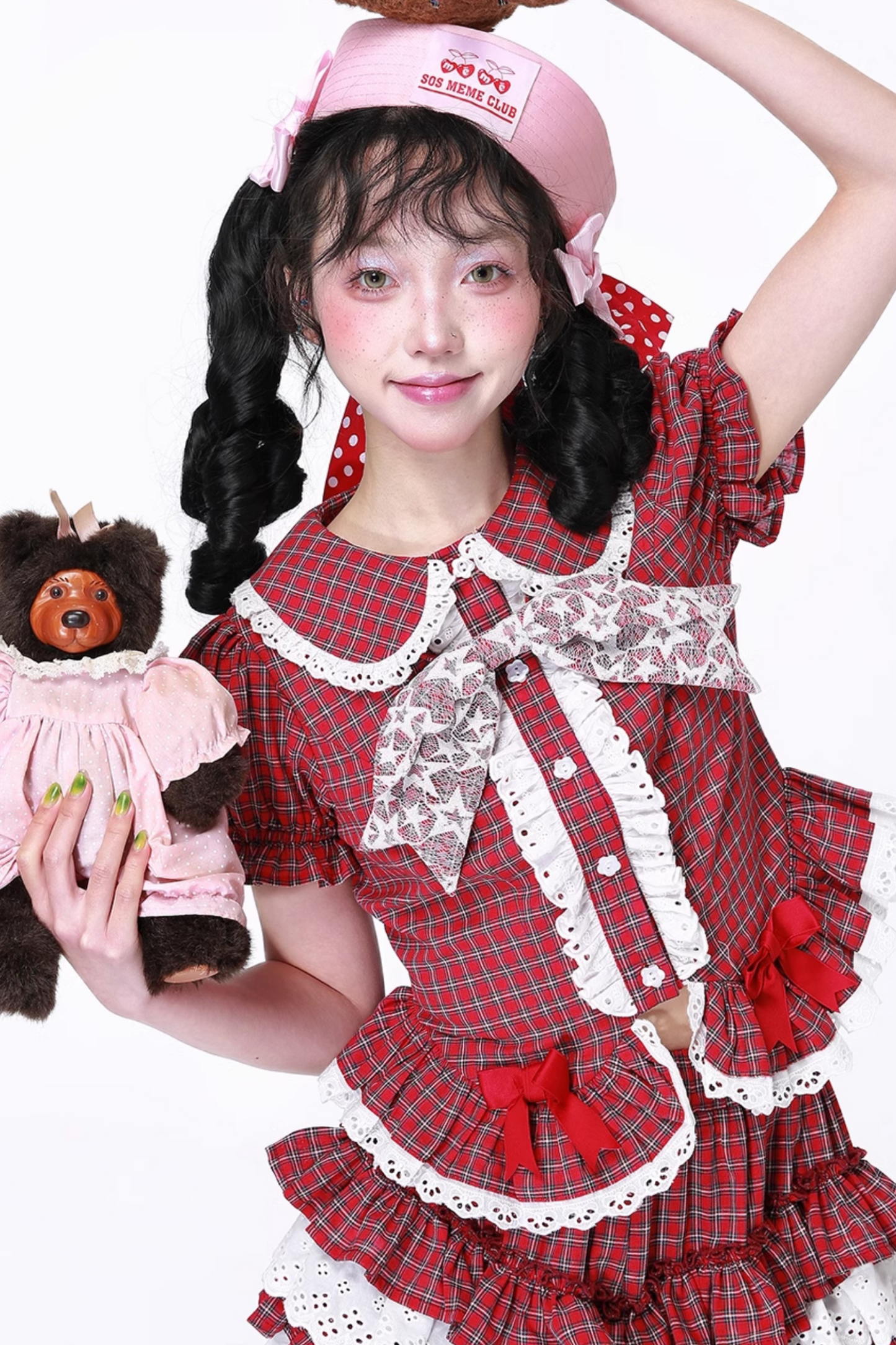 トップススリーブチェックパフレトロ