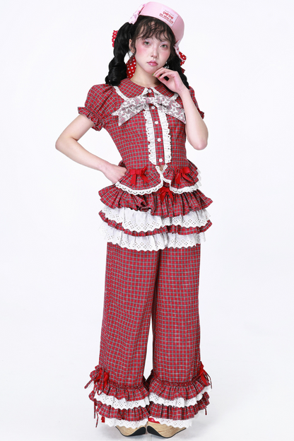 Karierte Retro-Lange Hose mit Spitzenrüschen