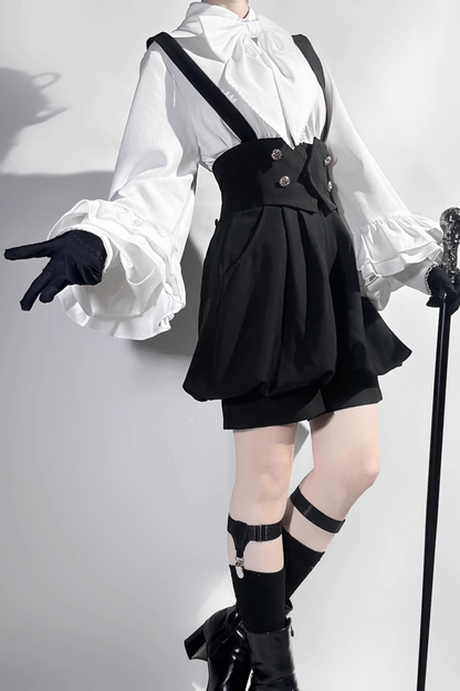 キュート+レトロショートパンツエレガントシャツリボンプリンス予約テールダーク