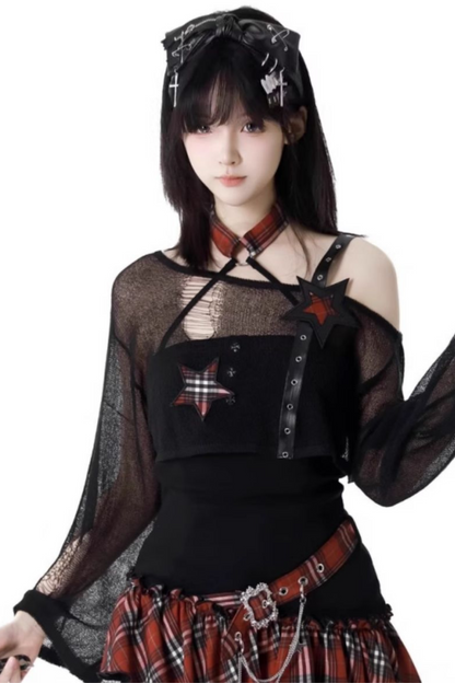 シックなショルダーロックショートワンピース+ショートパンツトップチェック