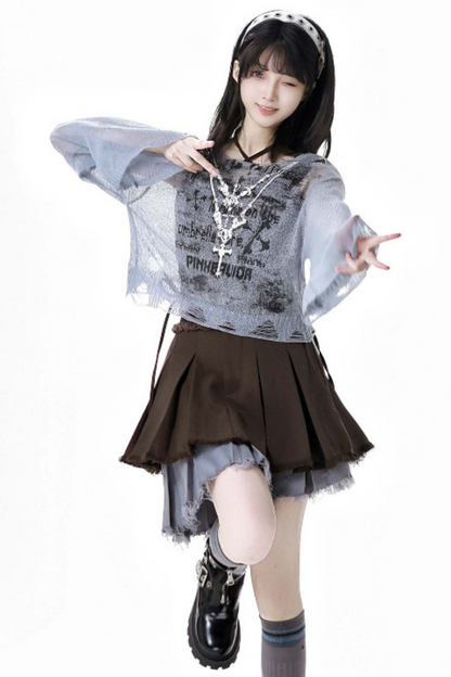 スカート + ブルーのビスチェトップ、ダークチェック、Y2K、アシンメトリー