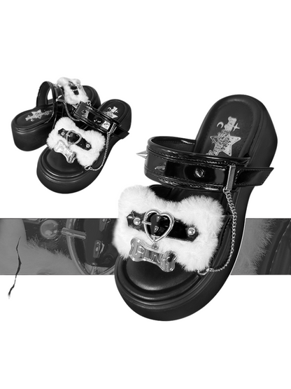Rivet Sandal Chain Flat Platform Punk Fur