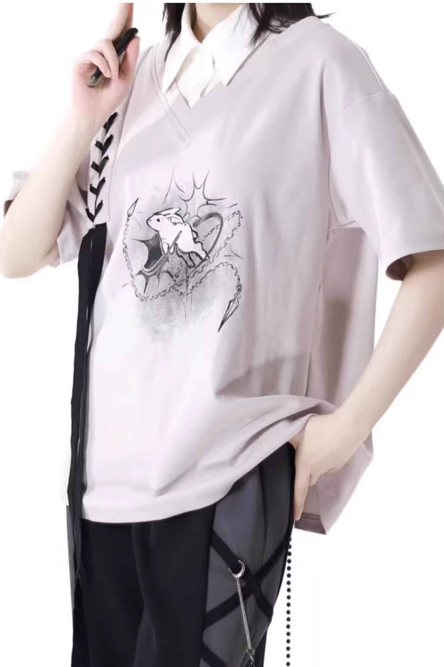 モードなトップスTシャツパンツワイド+デザインレースアップウエスト