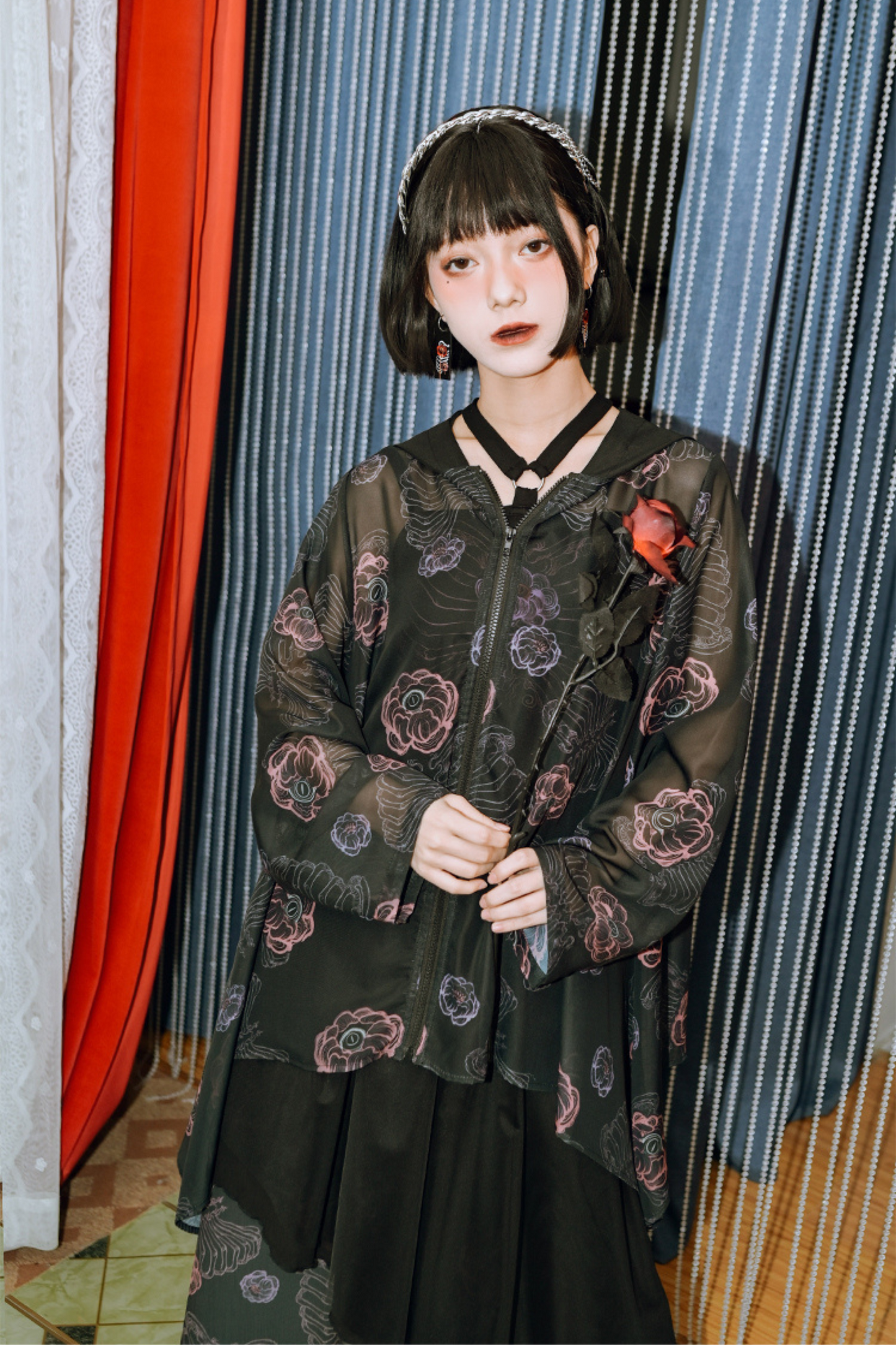 シャツ サンフラワーボーン フード付きシフォン