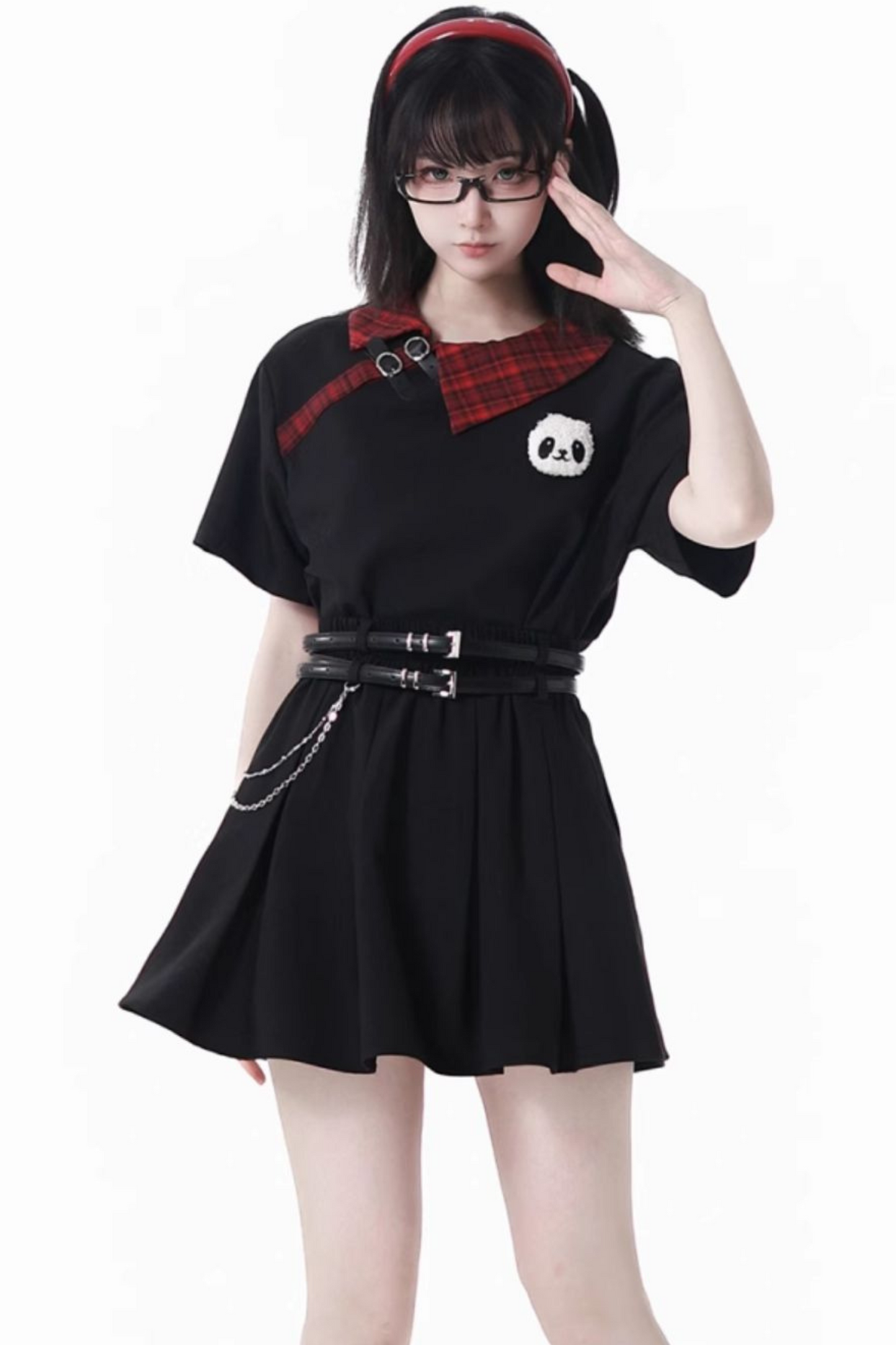 Comic Crop Top Rock Kleid Plissee Love Check Panda +