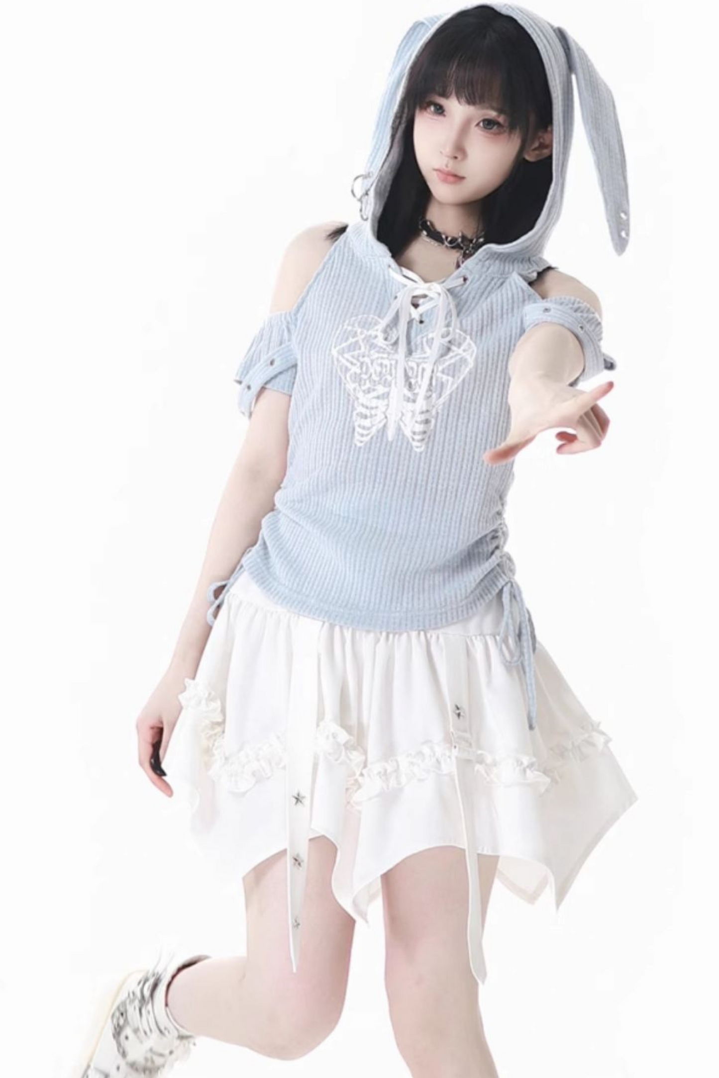 トップスカート + オフショルダーのウサギのフード付きケーキ