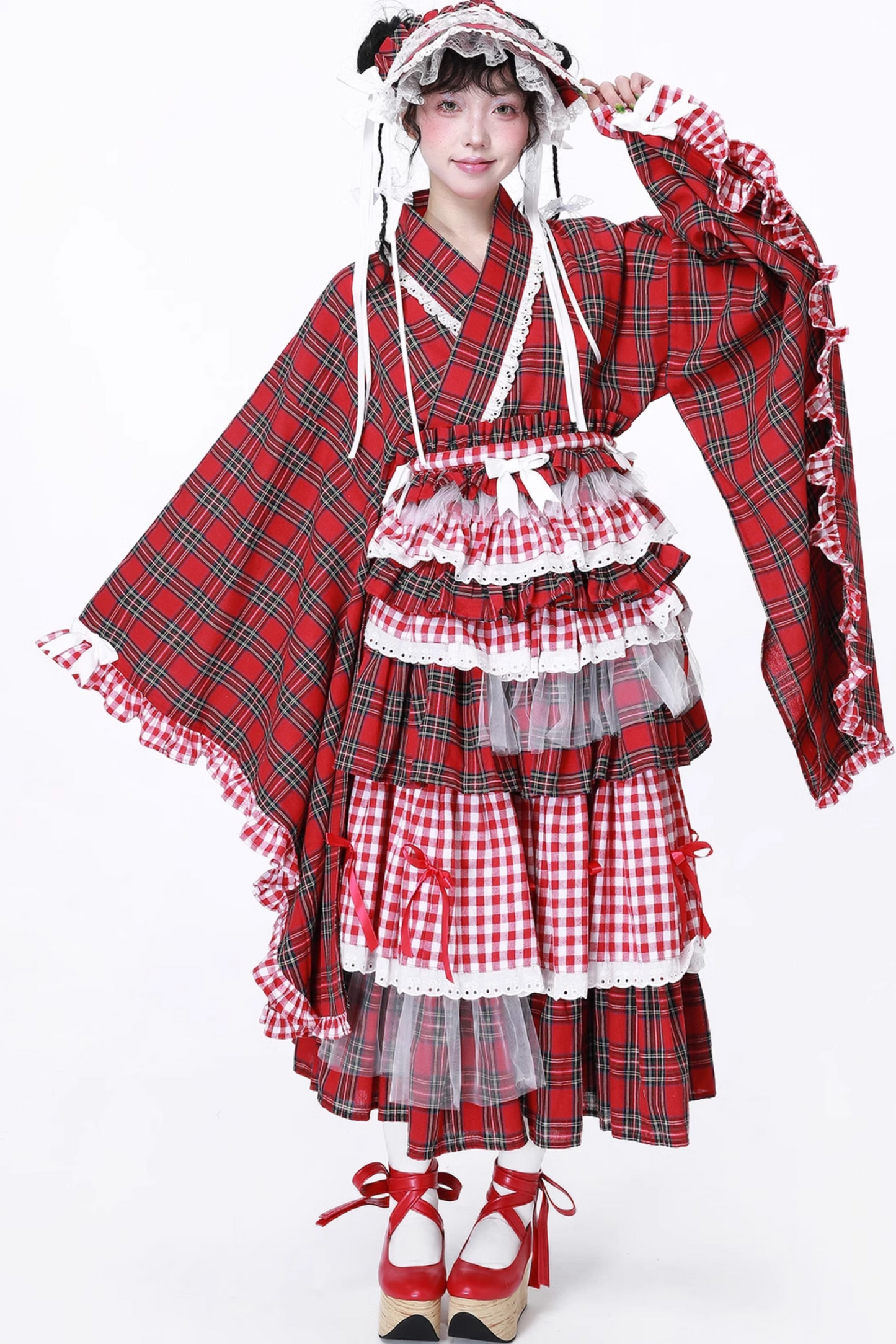 Schicker Kimono Rot Karierter Rock Retro