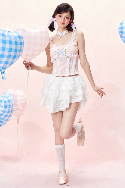 Design Korsett Schleife Süße Spitze Top