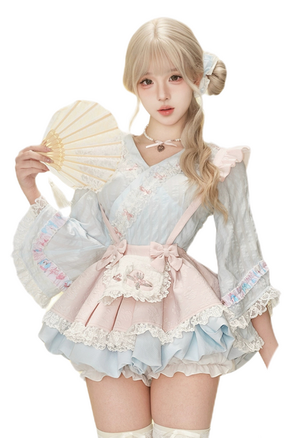 日本の桜とフロスティングのサスペンダーブルーのトップスとスカートスタイル