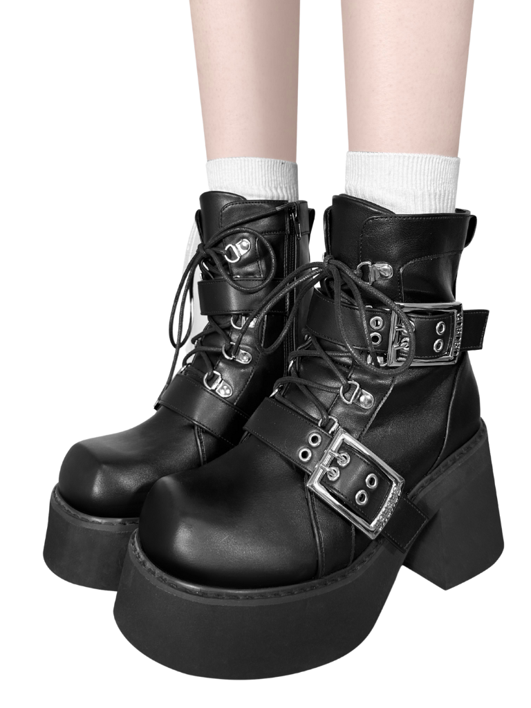 Short Punk Matte Plat Square Subculture Toe y2k Black Boots