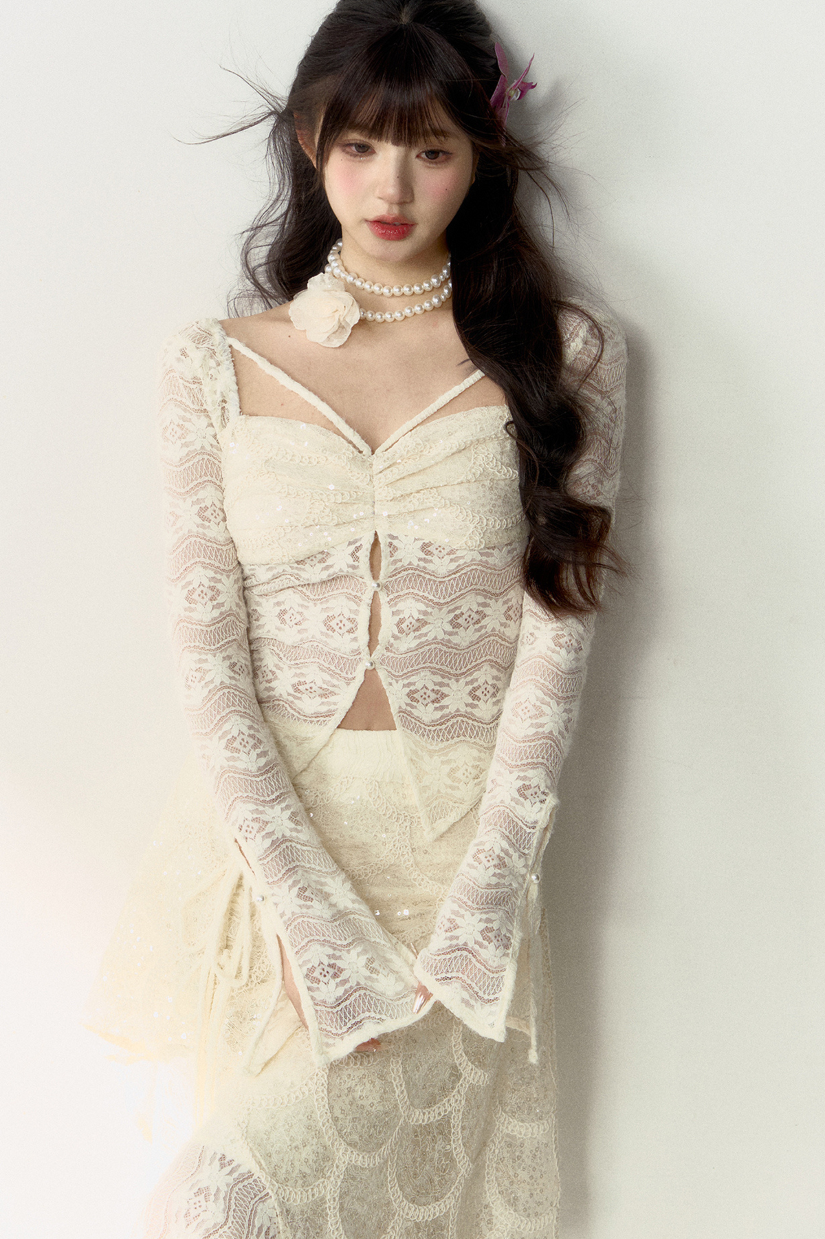 Shiny Top Sheer + French Asymmetrical Skirt Lace
