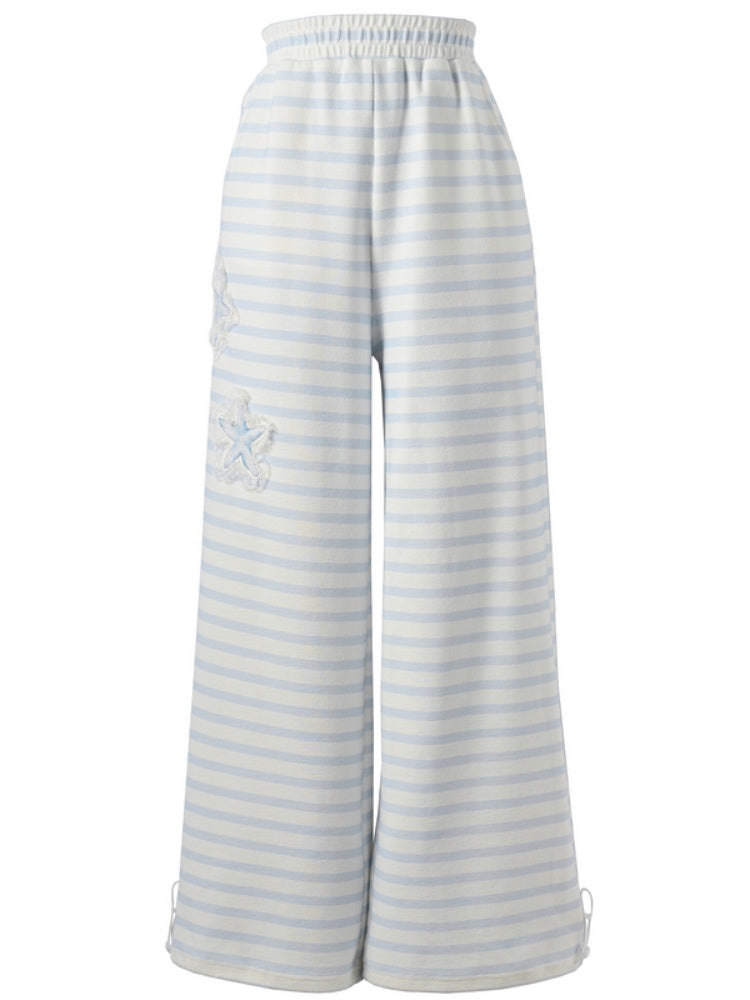 ブルー＆ホワイトストライプ ヒトデアップリケ ストレートレッグパンツ レギュラー/ショートバージョン
