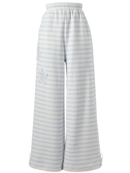 ブルー＆ホワイトストライプ ヒトデアップリケ ストレートレッグパンツ レギュラー/ショートバージョン