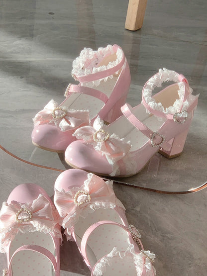 Jane Mary Trim with Details Sweet Beaded Lace Shoes Mid-heel Heart Lolita Pink