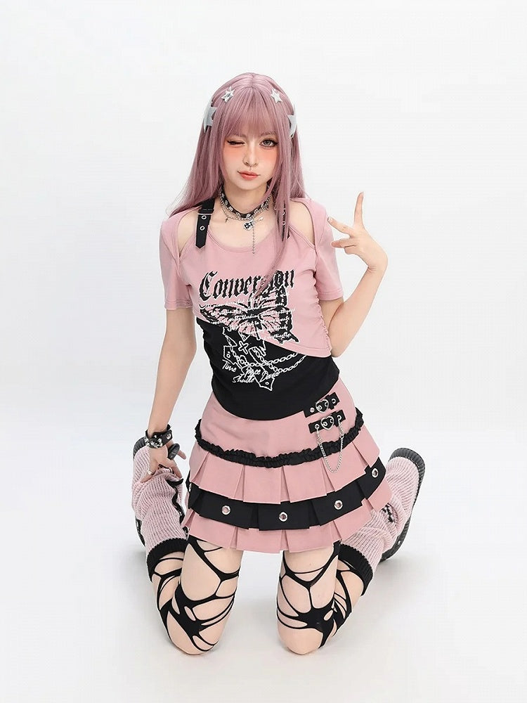 バタフライプリントTシャツ ショートカラーブロック カットアウトショルダーバージョン レッド/ピンク/パープル Y2K