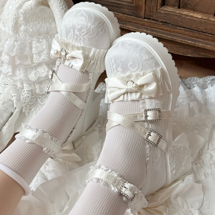 Mid Block Heel Off-white Mary Janes - Rhinestone Clasp with Gather Edging & Bow Accents