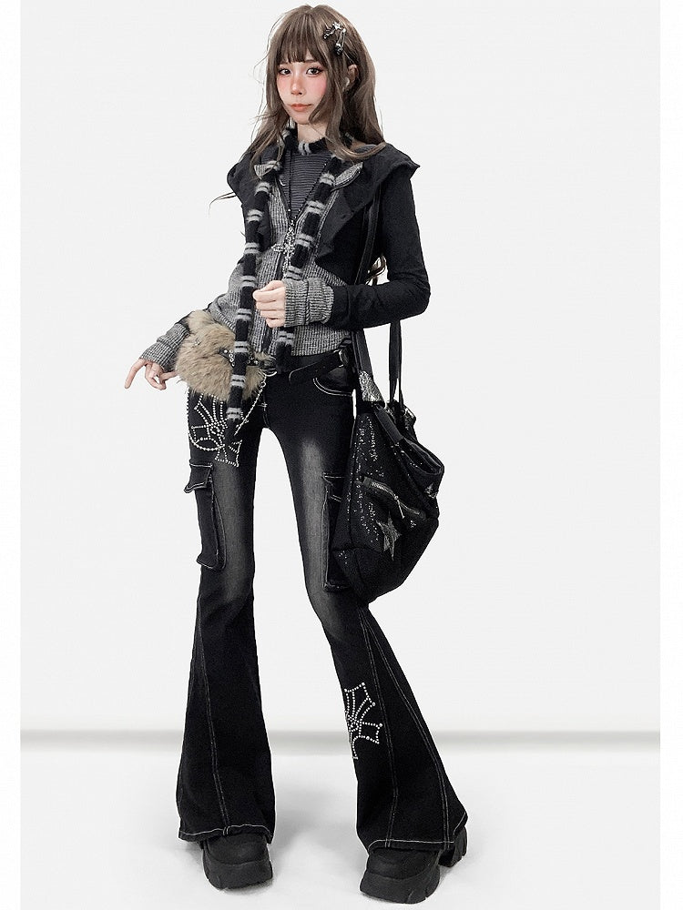 Striped Black Fake Two-Piece Pattern Hoodie Accents Jacket Rhinestone