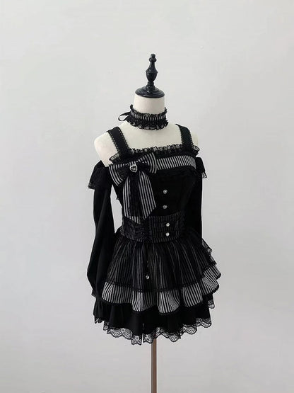 High-Waist / Kei Black Skirt Sweet Jirai Dark Striped Tiered Top Off-Shoulder