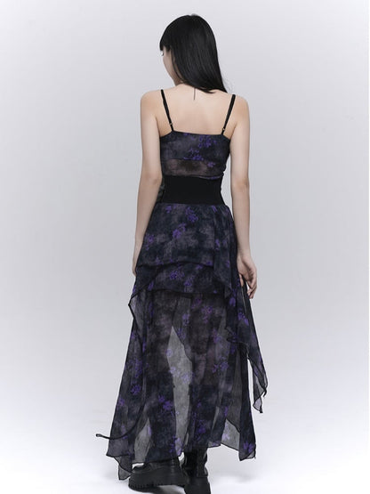 Black & Purple Floral Asymmetrical Hem Glamorous Cami Dress