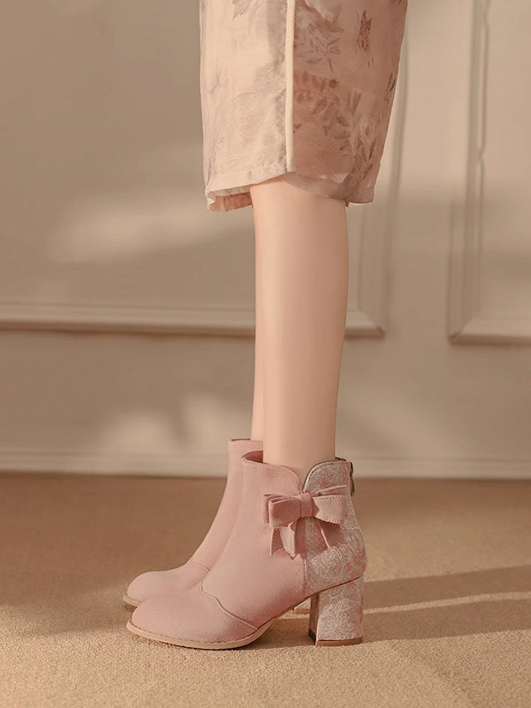 Heel Version Regular/Thicken Lolita with Bow Boots Qi Block Accent Satin Combination and Suede
