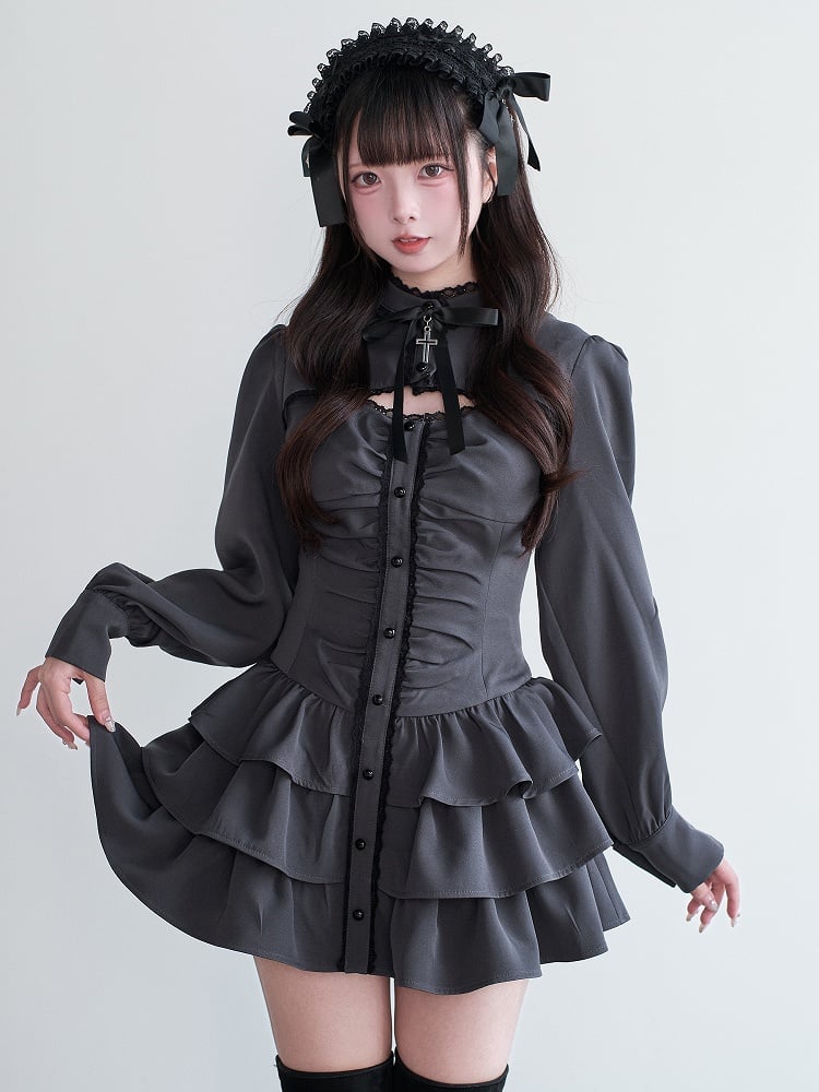 Jirai Gray Cut-Out Multi-Layer Dress Ruffled Cross Kei Set + Shorts Bow Matching Decor