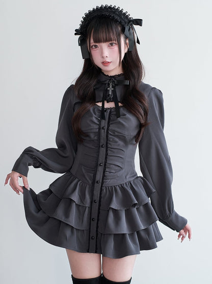 Jirai Gray Cut-Out Multi-Layer Dress Ruffled Cross Kei Set + Shorts Bow Matching Decor