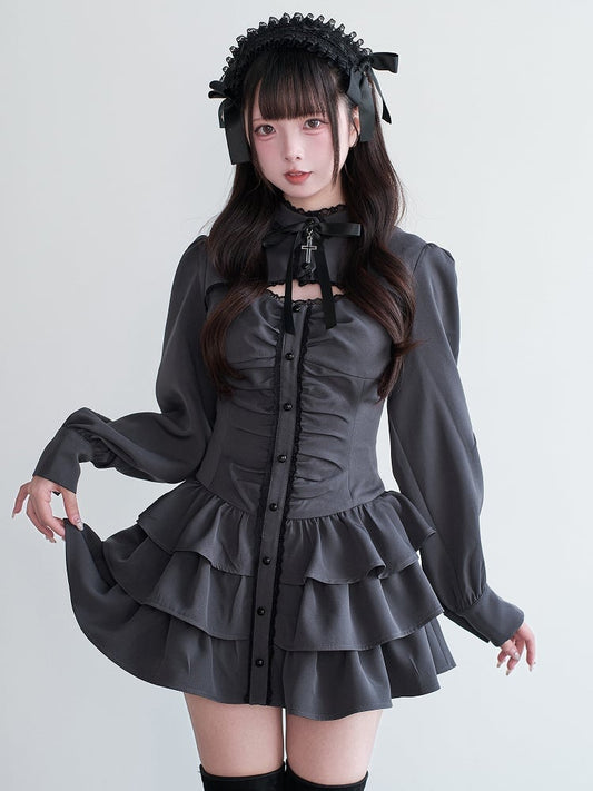 Jirai Gray Cut-Out Multi-Layer Dress Ruffled Cross Kei Set + Shorts Bow Matching Decor