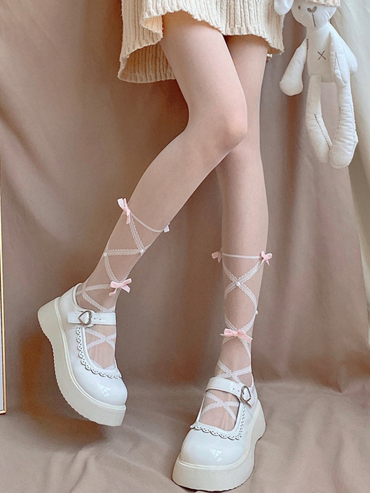 Tights Creamy Design Straps Bow White