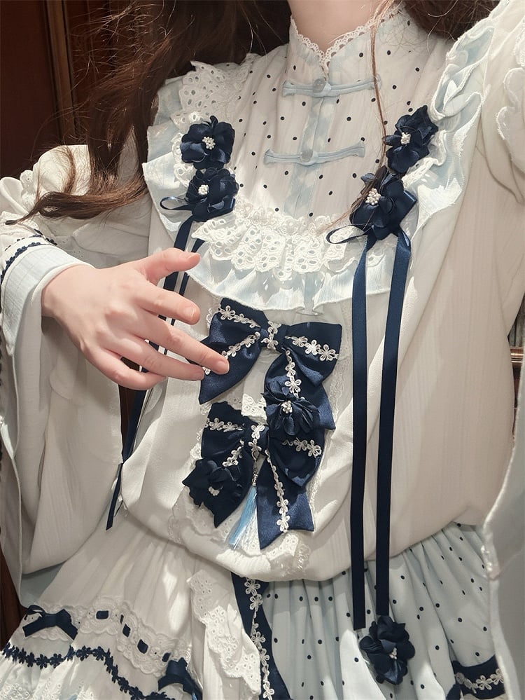 and White Banded Lolita Han Accents Blue Flower Collar Bow Dress with Puff Sleeves