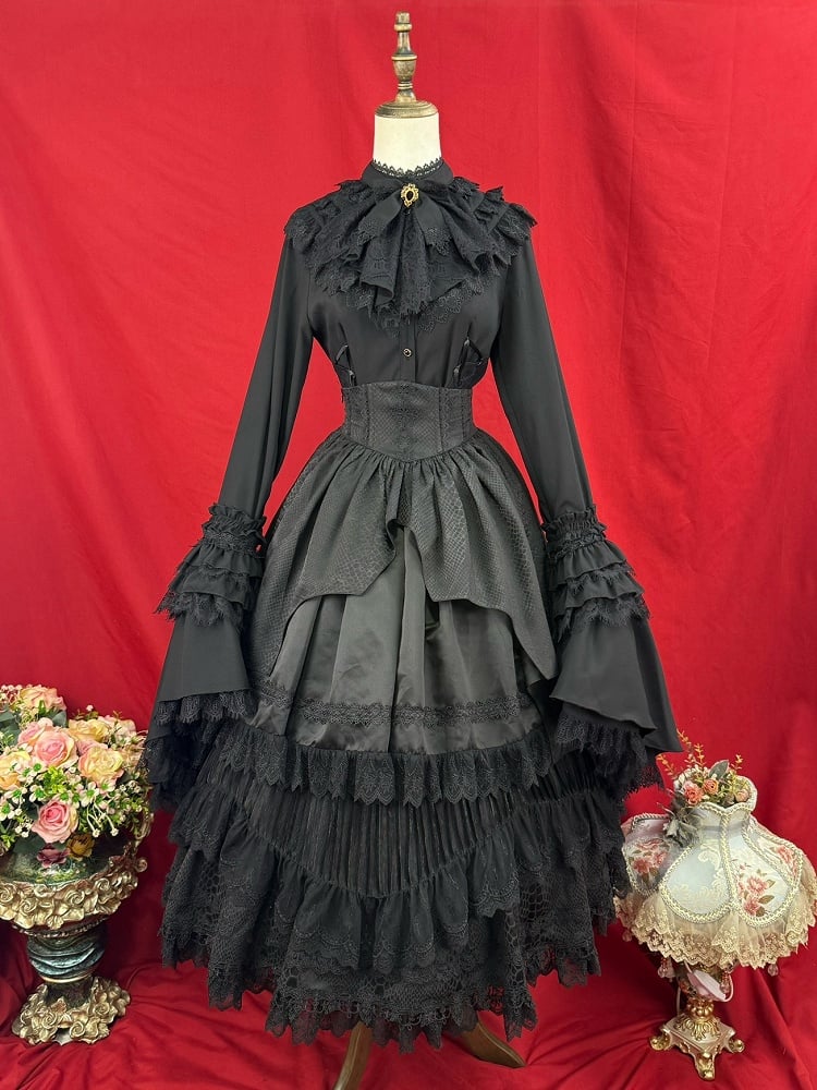 + Skirt Lolita Corset Waist Black Layered Overlay High Under Gothic Curved Belt