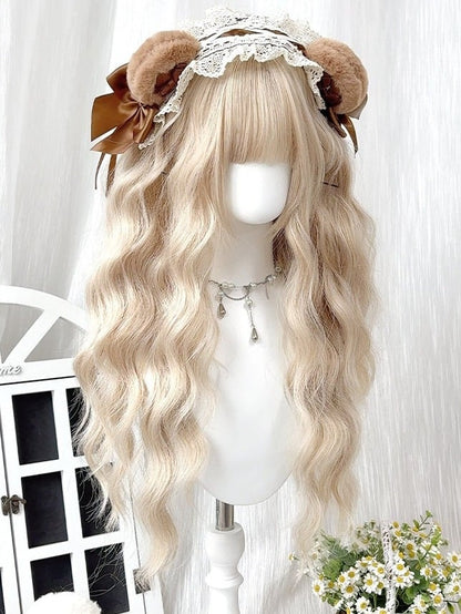 Golden Blonde 70cm Long Curly Wavy Wig with Blunt Bangs - Sleepy Fish