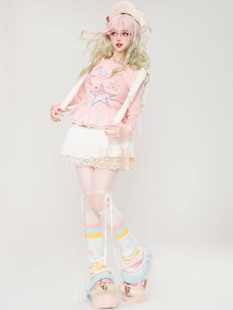 Pink Stars Print Long Sleeves Top Double Layered Ruffle Hem