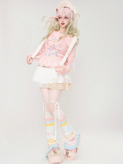 Pink Stars Print Long Sleeves Top Double Layered Ruffle Hem